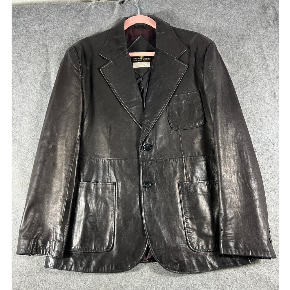 Vintage Fantastic International Leather Blazer Jacket Mens 44 Black Sport Coat